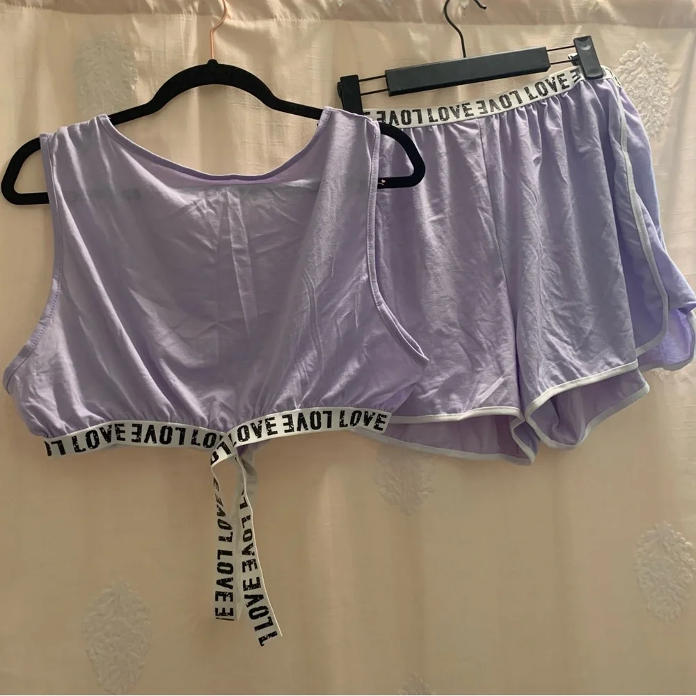 Lavender Contrast Binding Letter Tape Crop Top & Dolphin Shorts Lounge Set NWOT